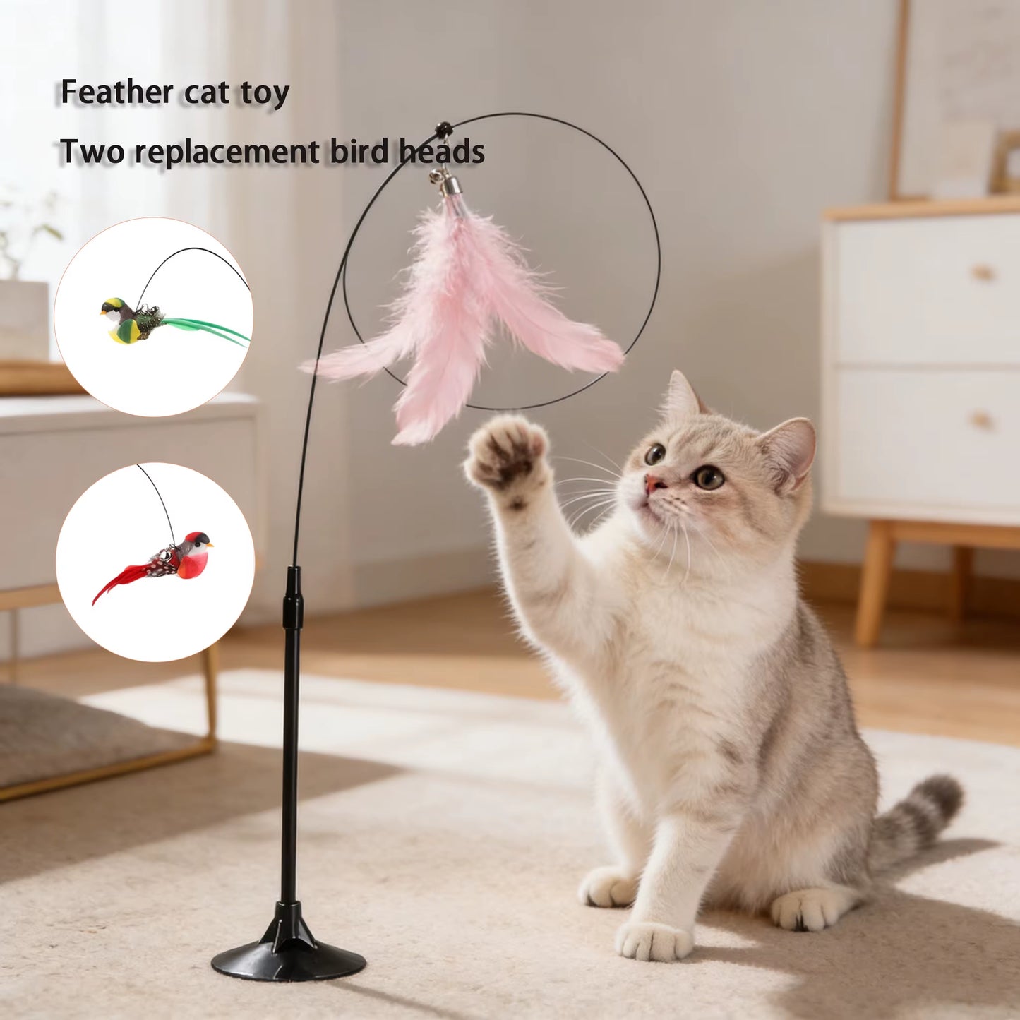 Interactive Cat Teaser Wand with Feathers & Bell - Durable Kitten Toy for Indoor Play, Exercise, Hunting Fun & Cat Entertainment