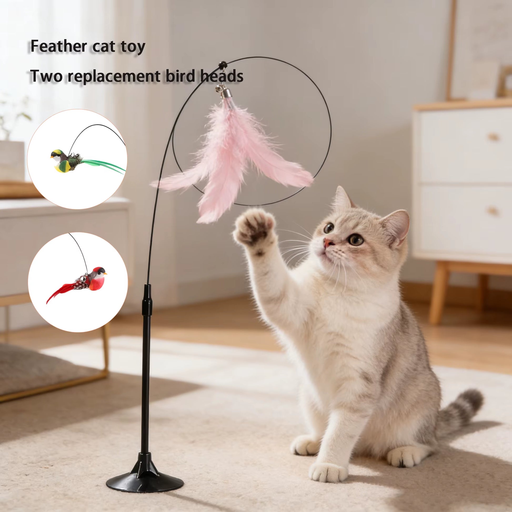 Interactive Cat Teaser Wand with Feathers & Bell - Durable Kitten Toy for Indoor Play, Exercise, Hunting Fun & Cat Entertainment
