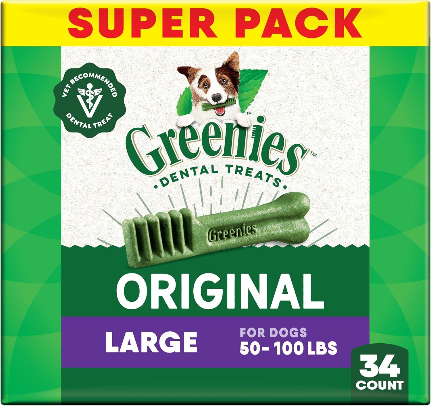 Veterinarian-Recommended Adult Natural Dental Dog Treats Large Size, Dog Dental Chews, Original Flavor, 54 Oz. Pack, 34 Count