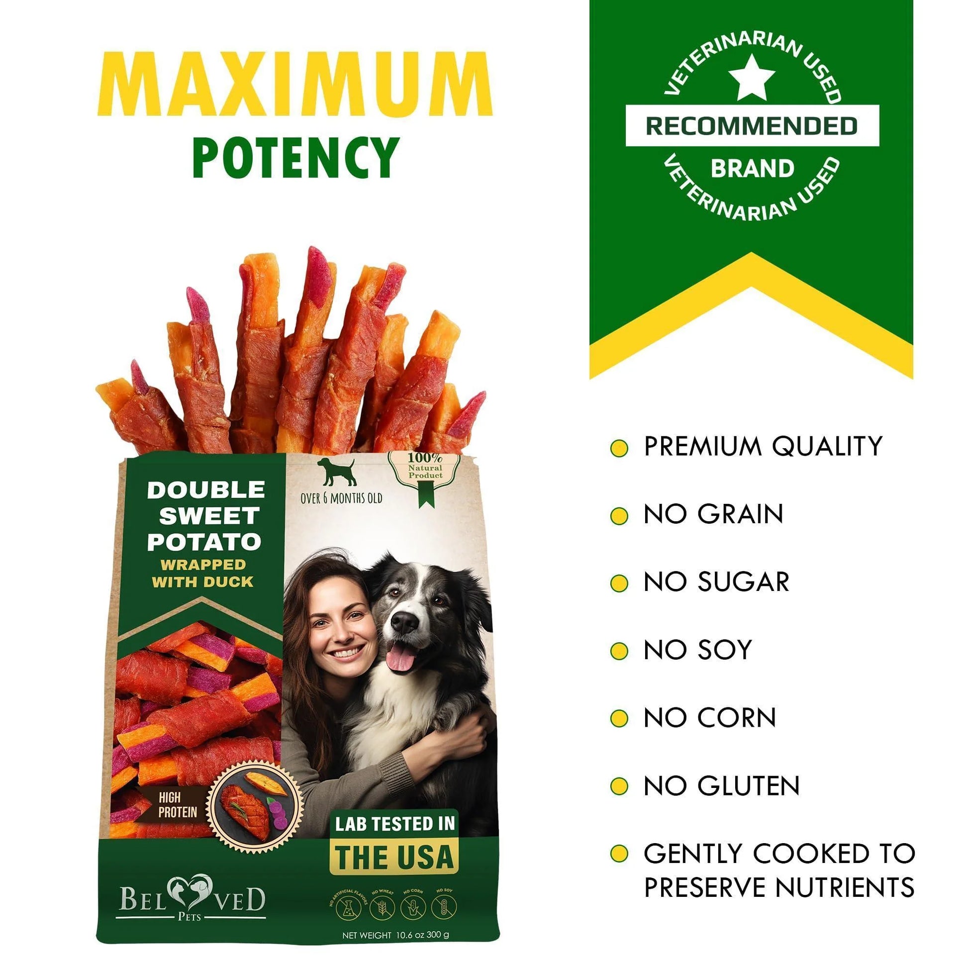 Sweet Potato Dog Treats & Healthy Duck Chews 10.6 Oz Puppy Snacks & Soft Bones for Large Medium Small Breeds Natural Dog Food & Grain Free Rawhide Free Training Jerky Wraps