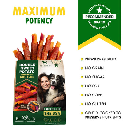 Sweet Potato Dog Treats & Healthy Duck Chews 10.6 Oz Puppy Snacks & Soft Bones for Large Medium Small Breeds Natural Dog Food & Grain Free Rawhide Free Training Jerky Wraps