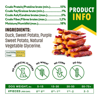 Sweet Potato Dog Treats & Healthy Duck Chews 10.6 Oz Puppy Snacks & Soft Bones for Large Medium Small Breeds Natural Dog Food & Grain Free Rawhide Free Training Jerky Wraps