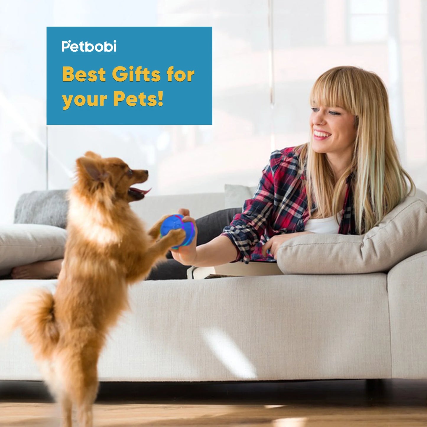 Interactive Toy Dog Ball, Active Rolling Ball for Dogs with Flashing LED Light, Moving Bouncing Toys Ball for Medium Large Dogs, USB Rechargeable, Blue