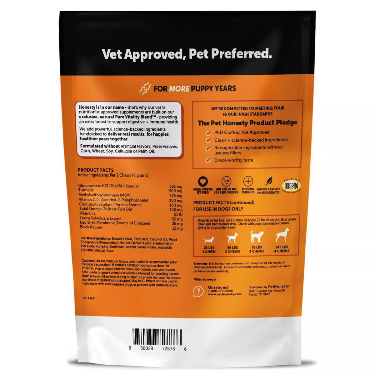 Pet Honesty Hip & Joint Health Chicken Flavor Supplement for Dog - 60Ct
